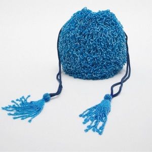 Zara Blue Beaded Bucket Bag
